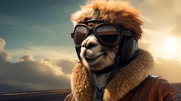 Alpaca in flight jacket and pilot glasses