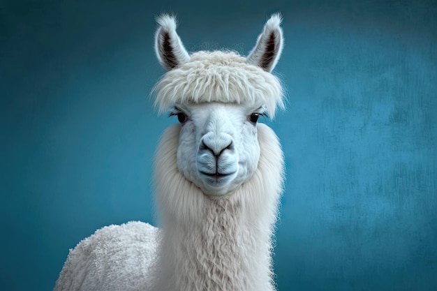 Alpaca in het wit tegen een blauwe achtergrond