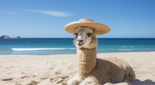 Foto alpaca met een strandhoed op het zand