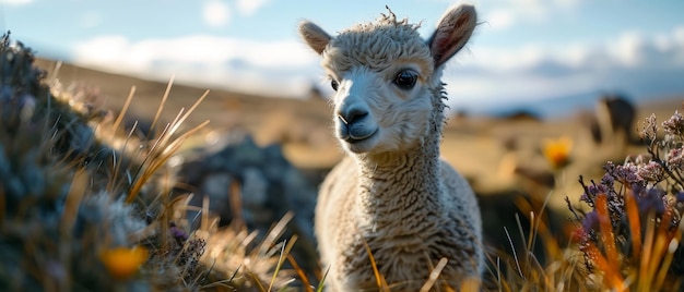 Alpaca in Mountain Wildflower Field