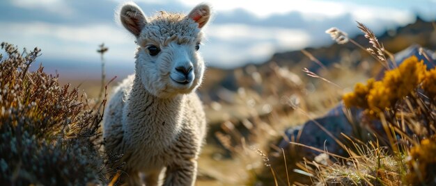 山の野花畑のアルパカ