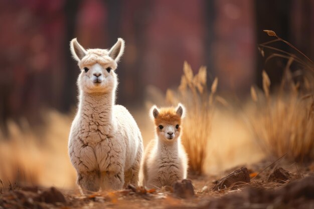 Alpaca and offspring standing on brown grass