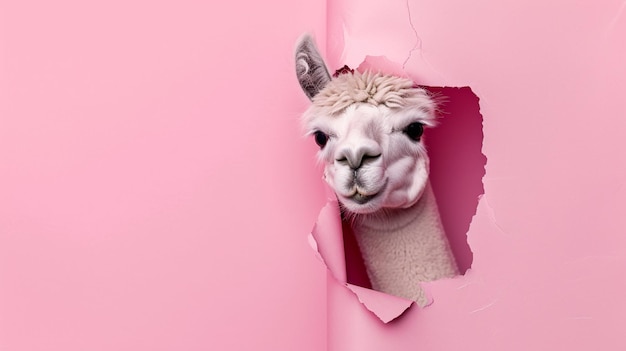 alpaca opkijken in pastelkleurige papierzijde gescheurde gat geïsoleerd generatieve Ai