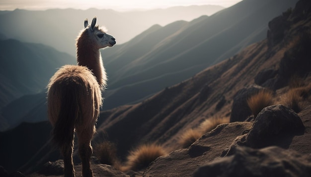 Alpaca standing on mountain peak woolly portrait generated by AI