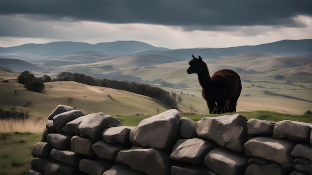 An alpaca stands on a stone wall with a mountain in the background