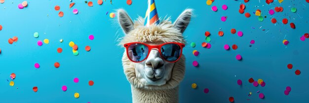 Alpaca with a blue back sporting a party hat and sunglasses Generative Ai