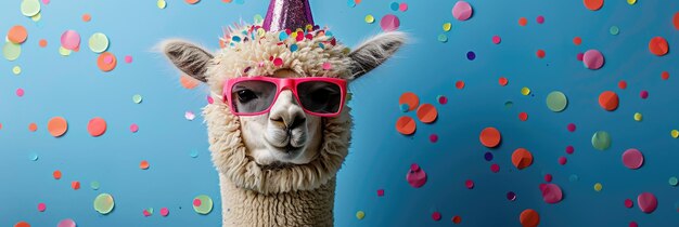 Alpaca with a blue back sporting a party hat and sunglasses Generative Ai