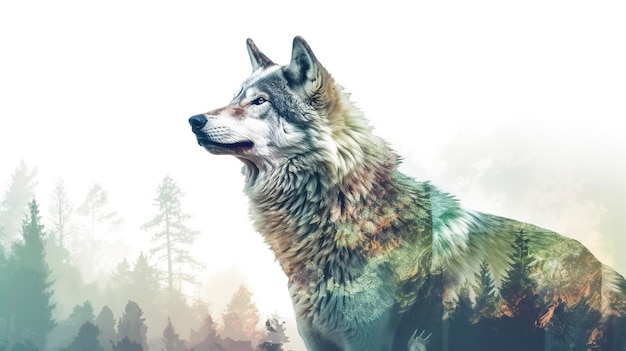 An alpha wolf and the spectacular colorful nature and green forest clean sharp focus on white background double exposure photography AI Generative