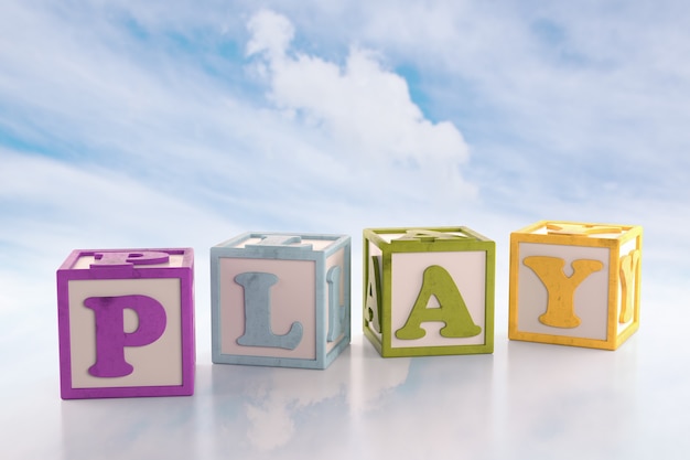 Alphabet Building Blocks that Spelling the Word Play Blocks on Cloud Background. 3D Rendering