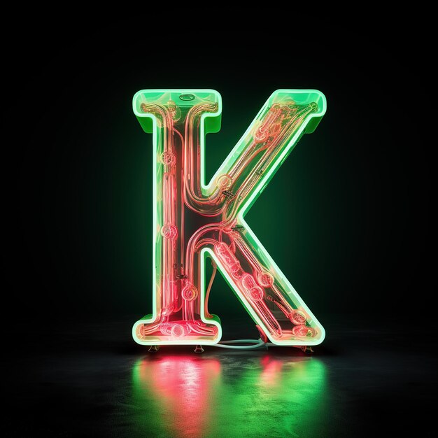 Photo alphabet capital letter k text futuristic neon glowing symbol logo on dark grunge background