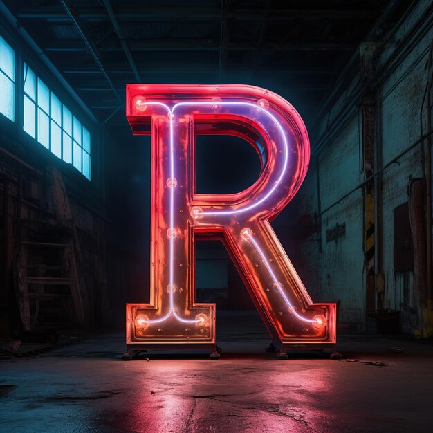 Alphabet capital letter R text Futuristic neon glowing symbol logo on dark grunge background