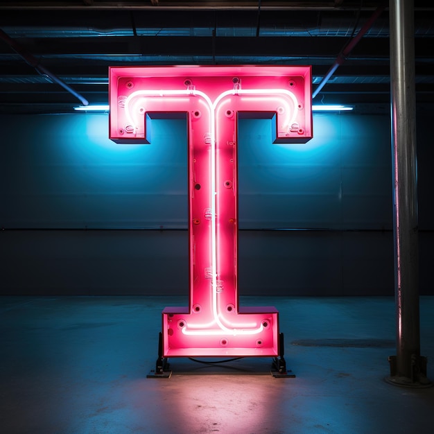 Фото Алфавит с заглавной буквой t текст футуристический неоновый светящийся символ логотип на темном гранжевом фоне