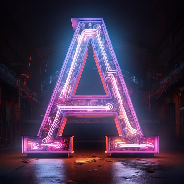 Alphabet capital letter A text Futuristic neon glowing symbol logo on dark grunge background