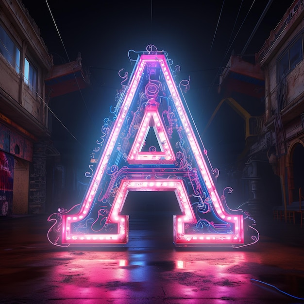 Photo alphabet capital letter a text futuristic neon glowing symbol logo on dark grunge background