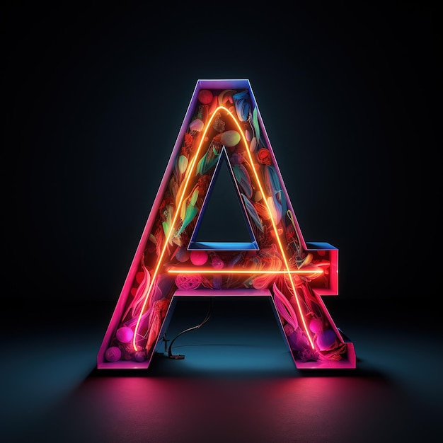 Photo alphabet capital letter a text futuristic neon glowing symbol logo on dark grunge background