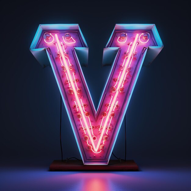 Буква алфавита с заглавной буквой V текст Футуристический неоновый светящийся символ логотип на темном гранжевом фоне