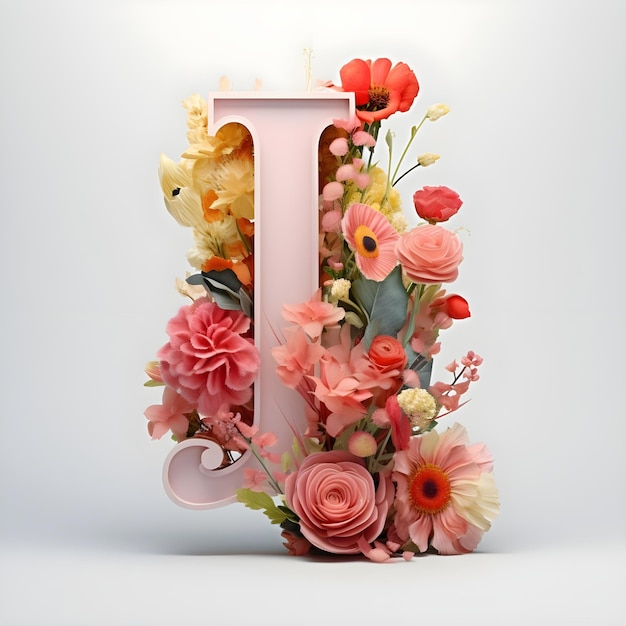 Alphabet letter J decorated with flowers on black background 3D rendering