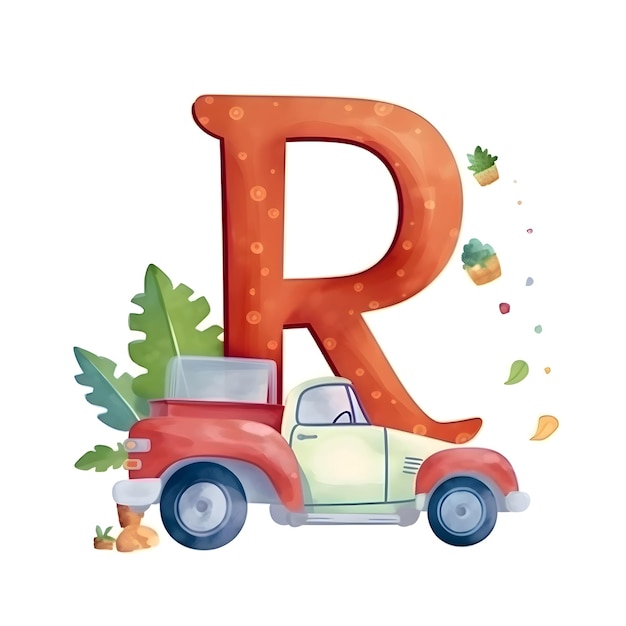 Алфавитная буква R с автомобильной акварельной иллюстрацией на белом фоне