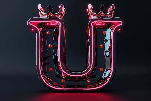 Alphabet of Letter U Crowned With Neon Glowing Plastic Crown With Uncial Y2K Collage Outline Art