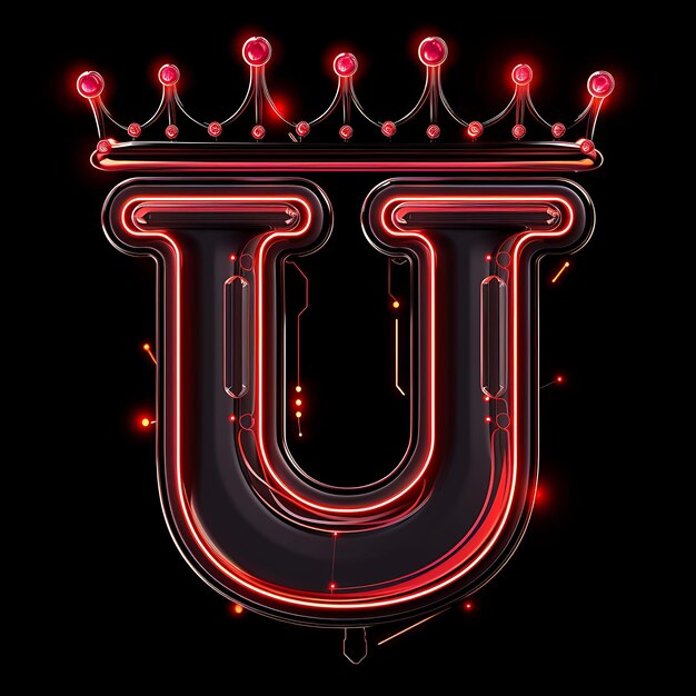 Alphabet of Letter U Crowned With Neon Glowing Plastic Crown With Uncial Y2K Collage Outline Art