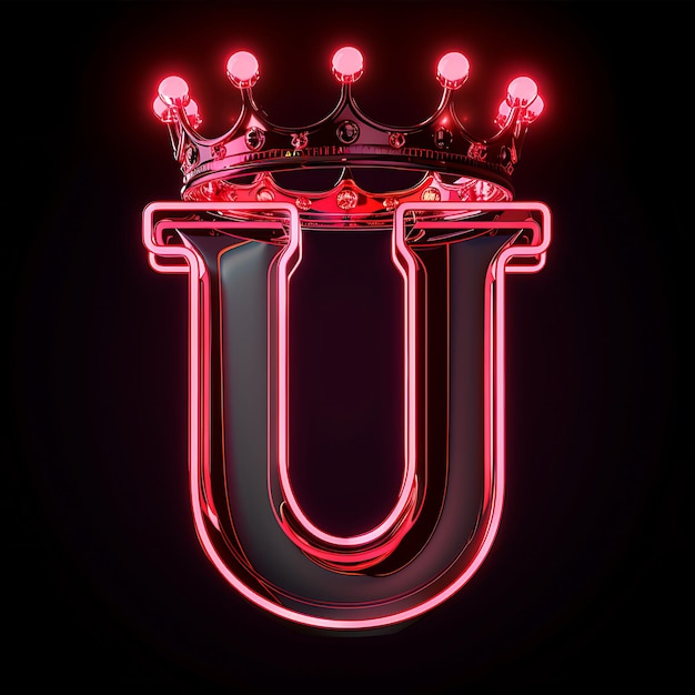 Photo alphabet of letter u crowned with neon glowing plastic crown with uncial y2k collage outline art