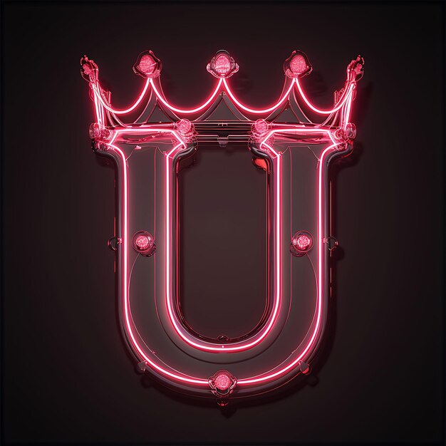 Photo alphabet of letter u crowned with neon glowing plastic crown with uncial y2k collage outline art