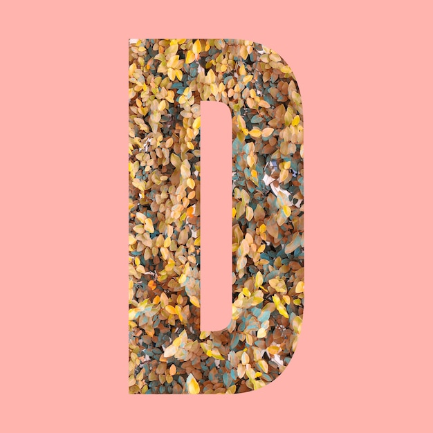 Alphabet letters of shape D in autumn style on pastel pink background for design in your work.