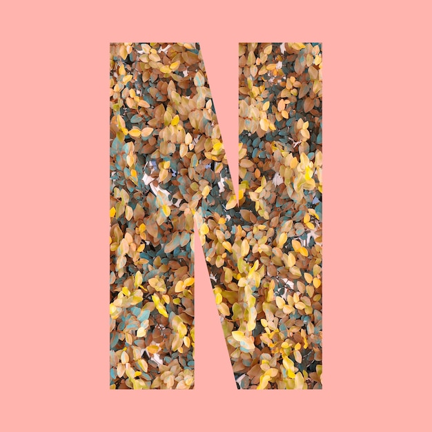 Alphabet letters of shape N in autumn style on pastel pink background for design in your work.