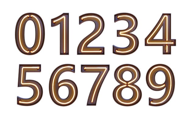Alphabet Neon retro 3d cijfers geïsoleerd op een witte achtergrond met clipping pad 3d illustratie