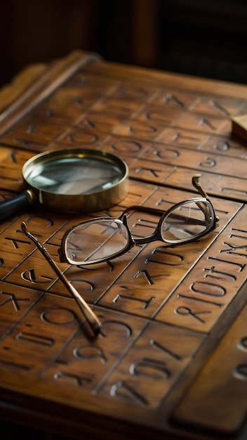Алфавитный стол с лупой и очками