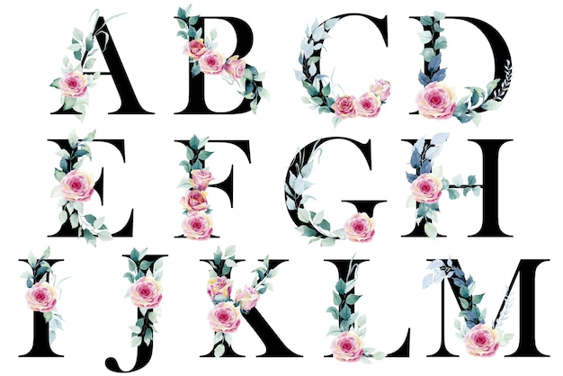 Alphabet with flowers on the top and bottom.