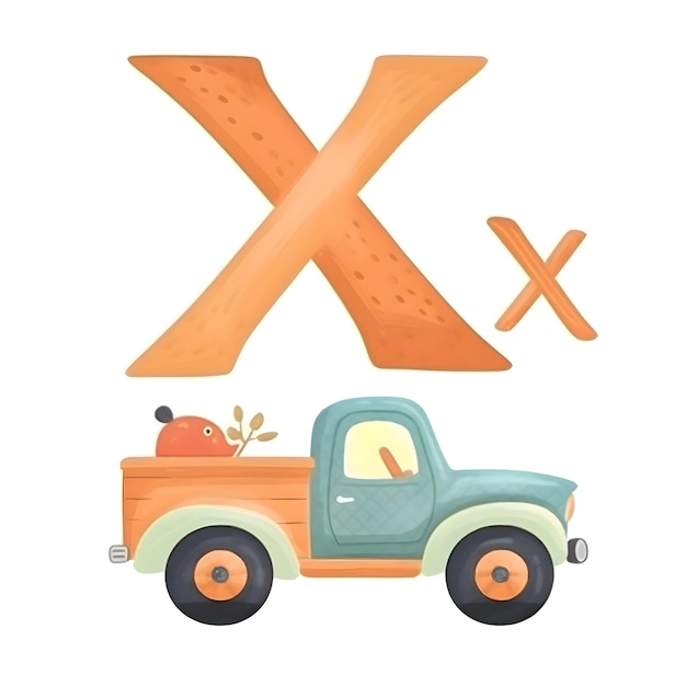 픽업 트럭 및 문자 X 벡터 일러스트가 포함된 알파벳 X