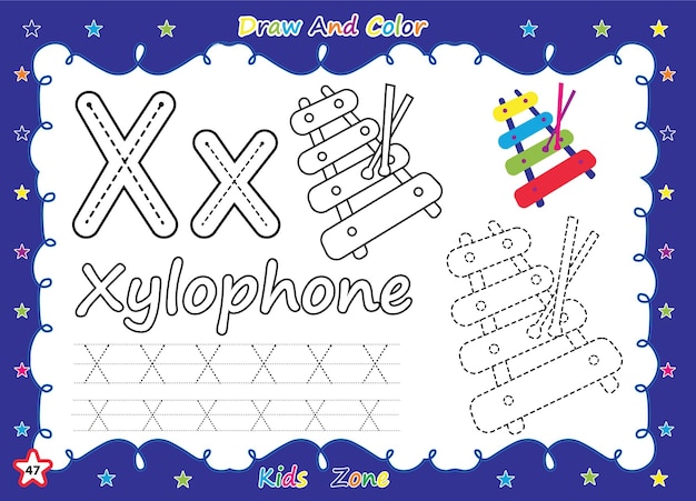 Alphabet a-z exercise with cartoon coloring book kids.