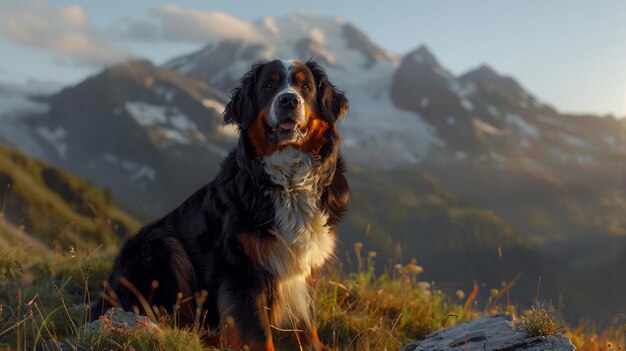 Foto cane d'avventura alpino seduto nell'erba illustrazione di una scena naturale