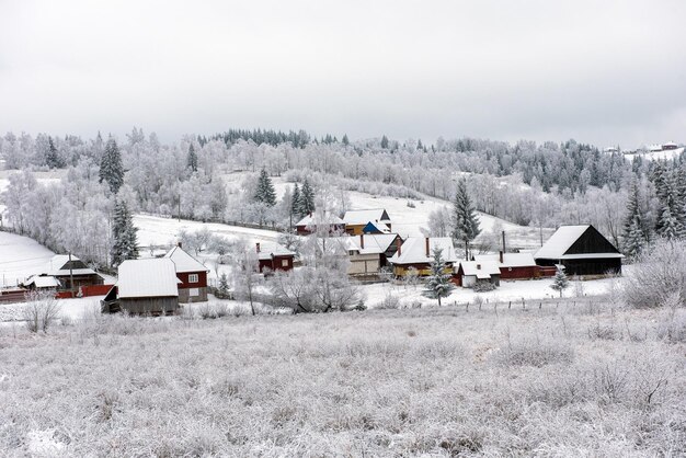 Alpine dorp in Transsylvanië Roemenië Sneeuw bedekte huizen in de winter