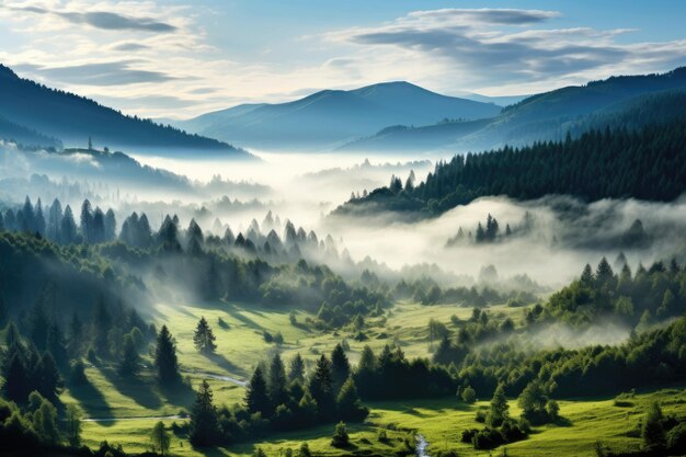 Alpine foggy valley in the morning