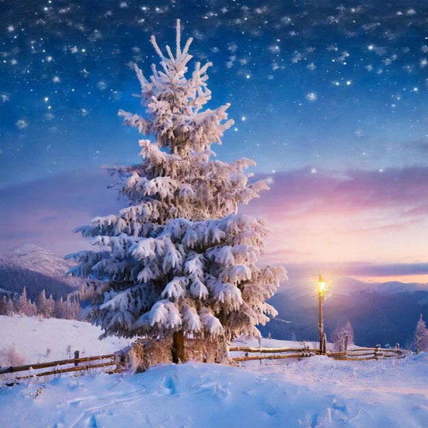 Фото Рождественская елка, украшенная альпийским праздничным светом, в спокойной горной обстановке