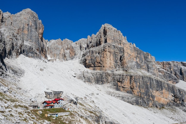 Alpine hut Silvio Agostini in Dolomites Alps Italy