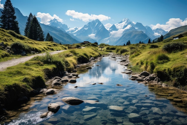 Alpine huts on the edge of a mountain lake generative IA