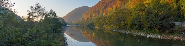 Alpine lake. Autumn mountain landscape. Drone view.