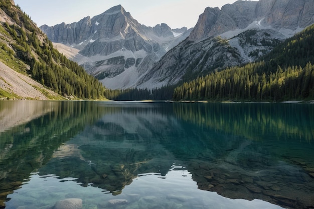 Alpine lake with crystal clear waters and mountains