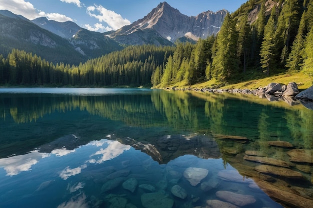 Alpine lake with crystal clear waters and mountains