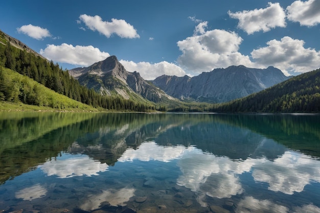 Alpine lake with crystal clear waters and mountains