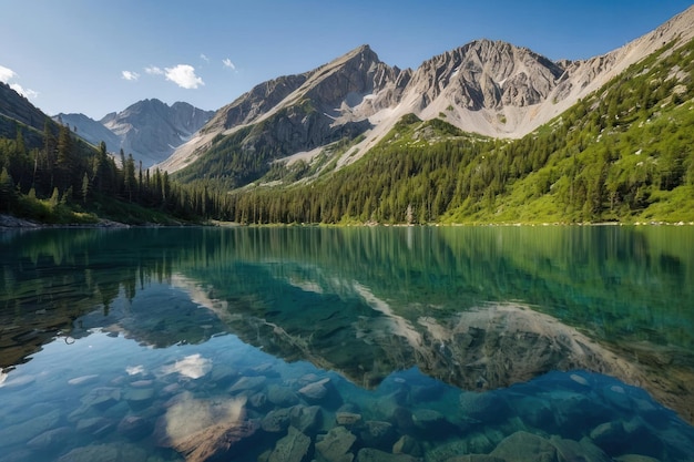 Alpine lake with crystal clear waters and mountains