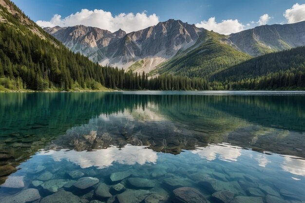 Alpine lake with crystal clear waters and mountains