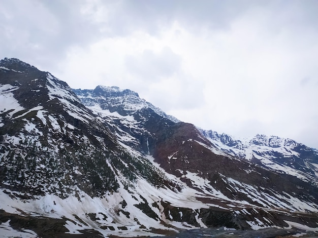 Alpine landscape with peaks covered by snow