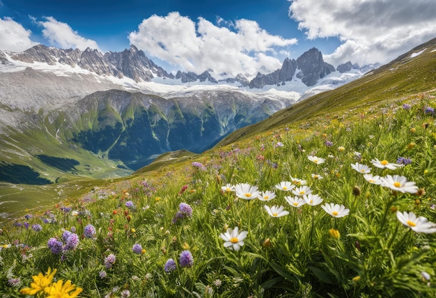 An alpine landscape with snowcapped peaks and wildflowers