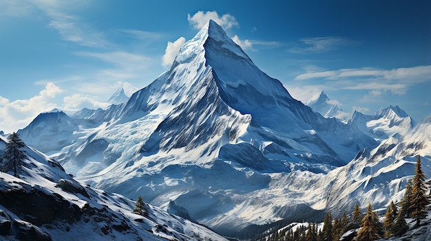 _Alpine Majesty SnowCapped Mountain Peak under a Clear Blue Sky_