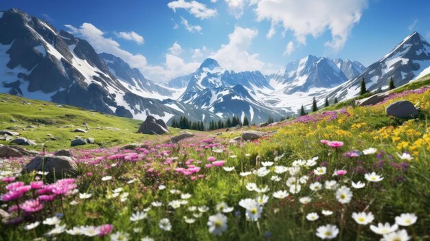 Foto prato alpino inondato di colori di fiori selvatici