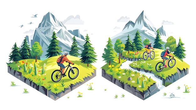 Foto alpine meadow biking cyclists in lush meadows isometric flat design icon of mountain biking adven